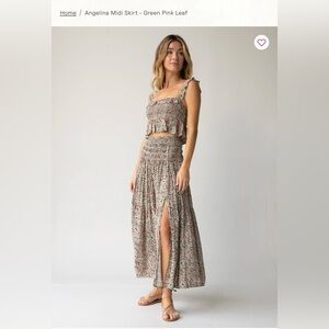 NATURAL LIFE Green Pink Leaf Midi Skirt